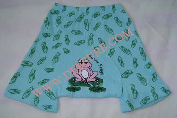 กางเกงก้นบาน สีฟ้าลายกบน้อยบนใบบัว ผ้าร่อง